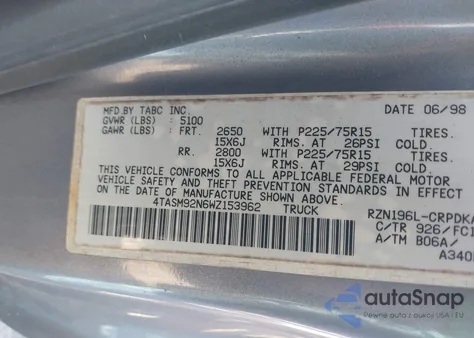 1998 Toyota Tacoma Prerunner from USA, damaged, VIN 4TASM92N6WZ153962